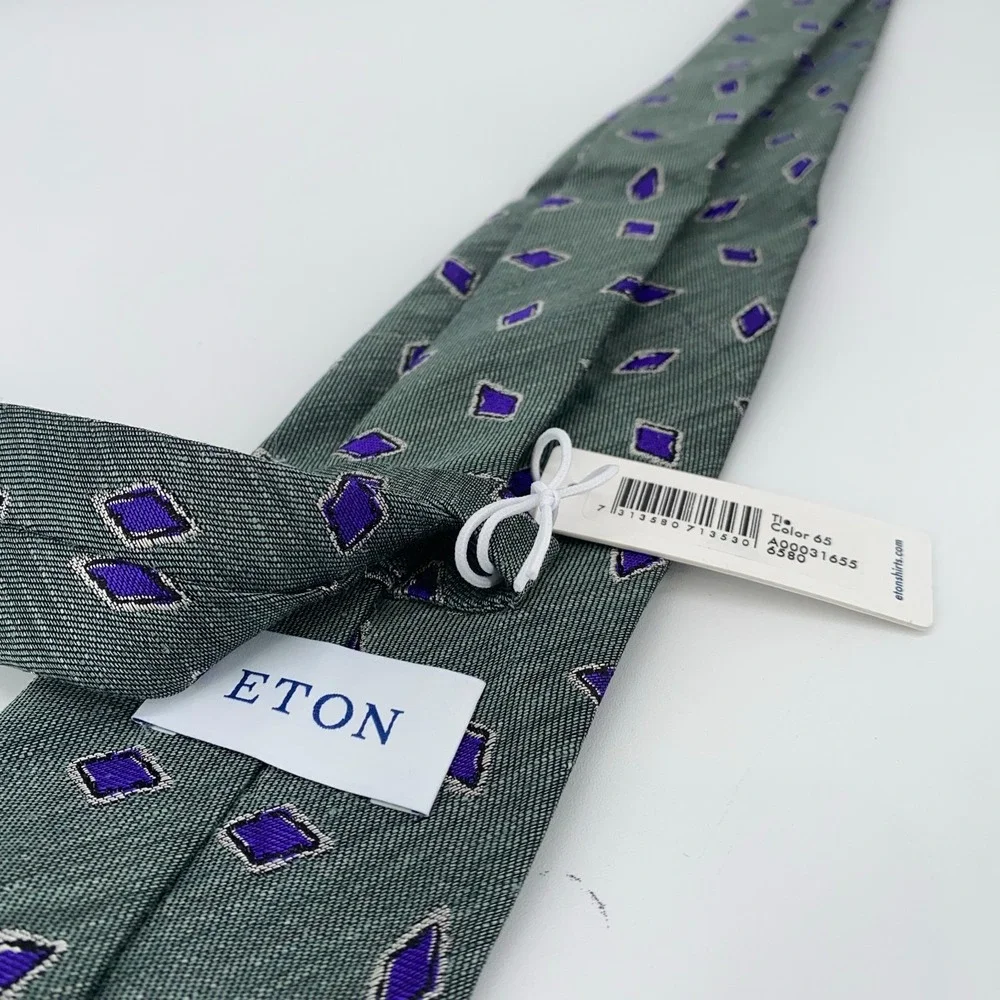 Eton Tie Mens One Size Green Patterned Silk Classic Fit Necktie Italy‎ Made NWT